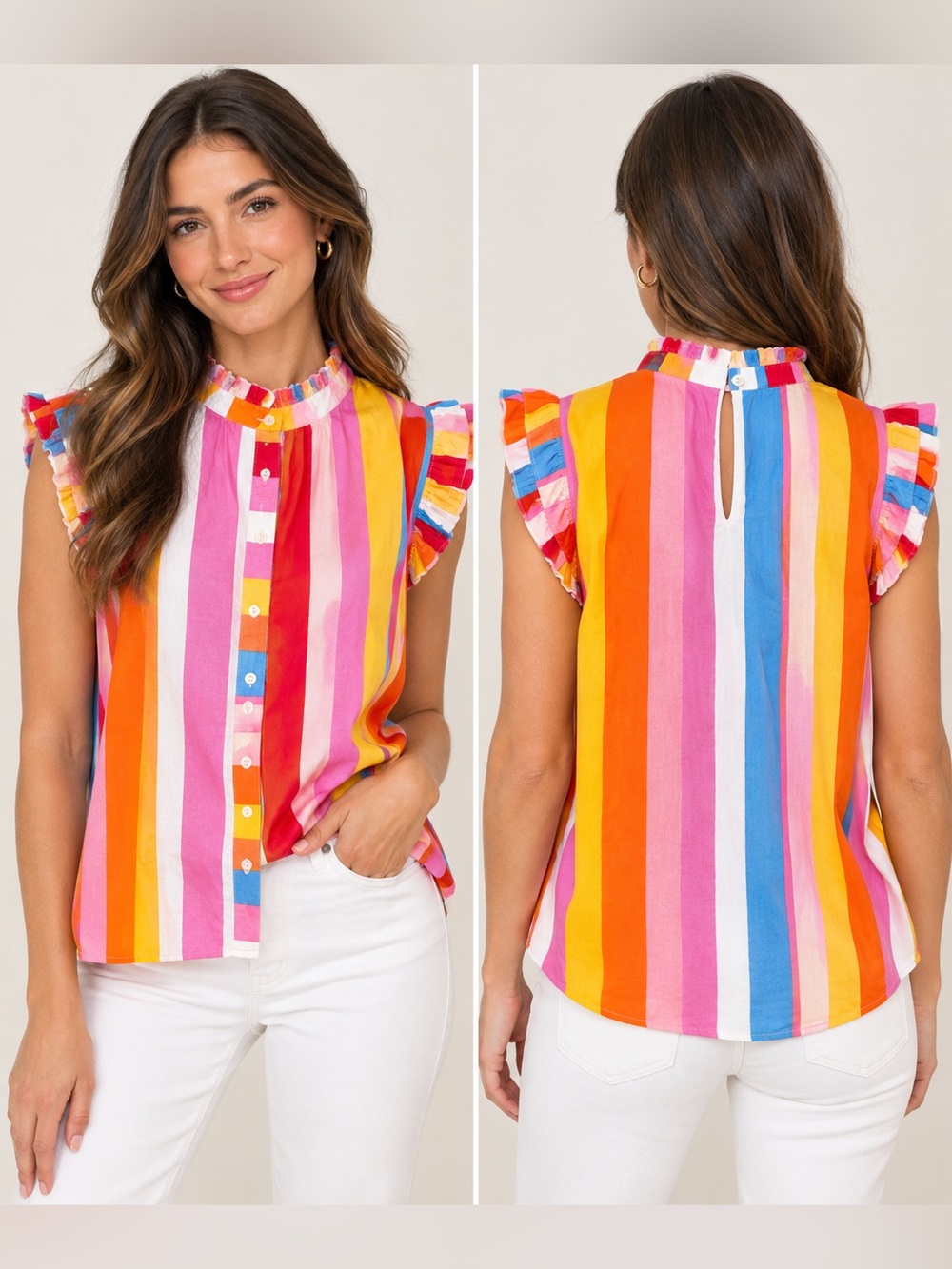 THML Colorful Striped Ruffle Sleeve Button Front Blouse Size S